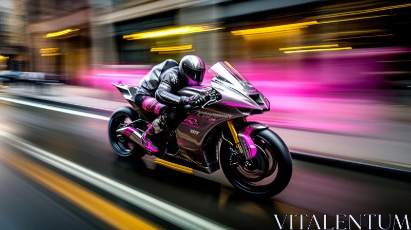 Urban Motorcycle Racing Scene - Man Riding Pink and Black Bike AI Image