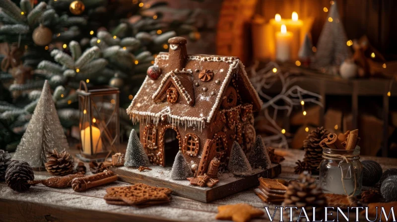 Enchanting Gingerbread House with Candy Canes and Wreath AI Image