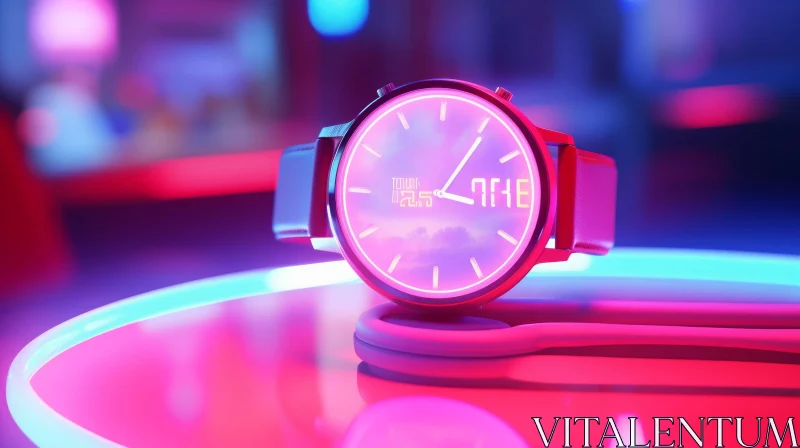 Innovative Futuristic Watch on Glossy Surface with Neon Lights AI Image