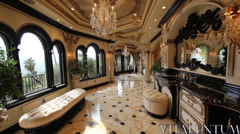 Luxurious Marble Bathroom with Crystal Chandeliers and Gold-Plated Fixtures AI Image