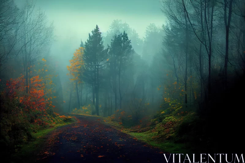 Mist-Covered Road Through Enchanting Forest | Captivating Nature Image AI Image