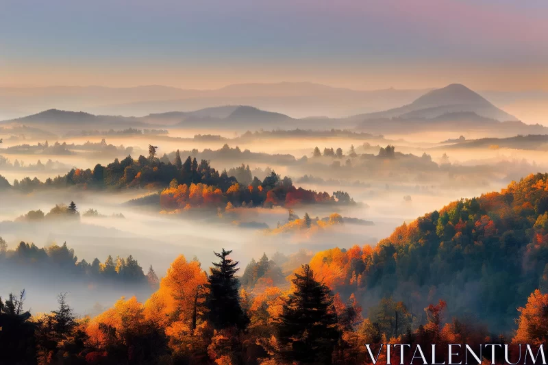 Mystical Autumn Sunrise: Foggy Mountains Landscape AI Image