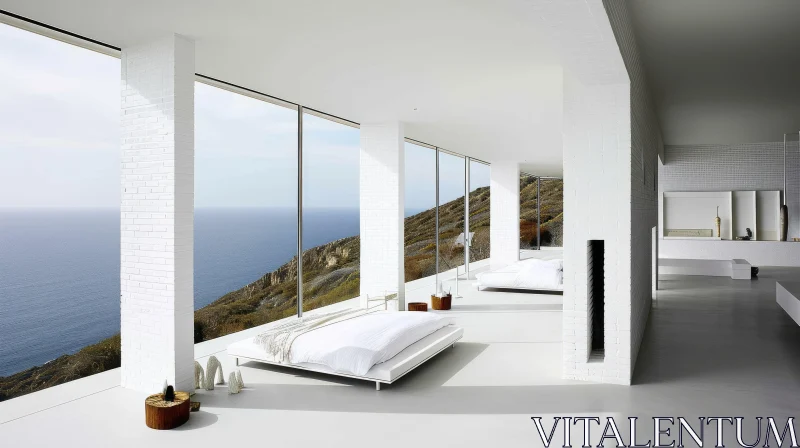 Serene Minimalist Bedroom with Stunning Ocean View AI Image