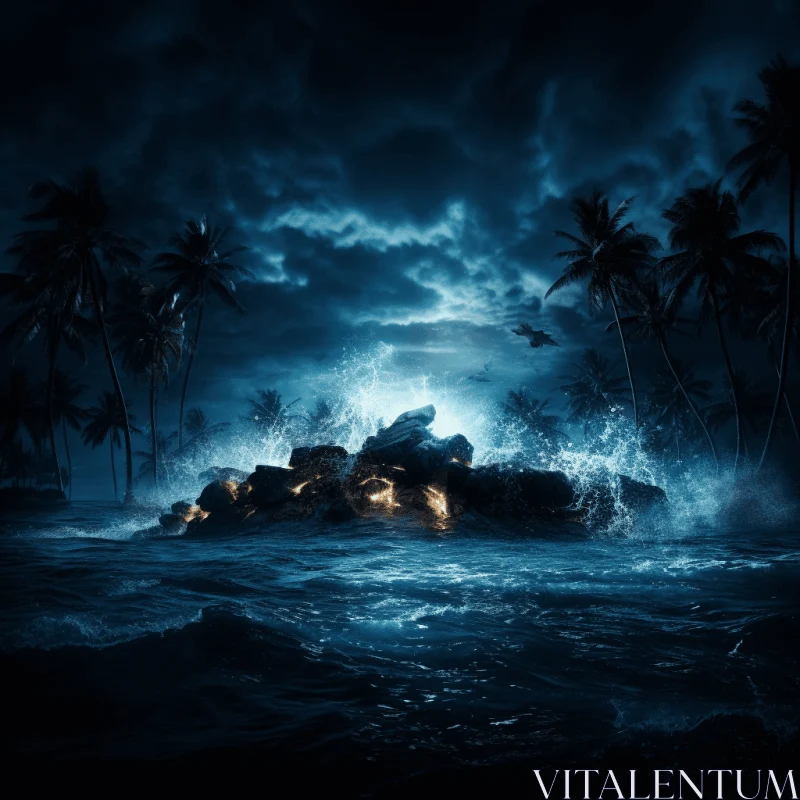 Stormy Night on an Island with Palm Trees | Epic Fantasy Scene AI Image