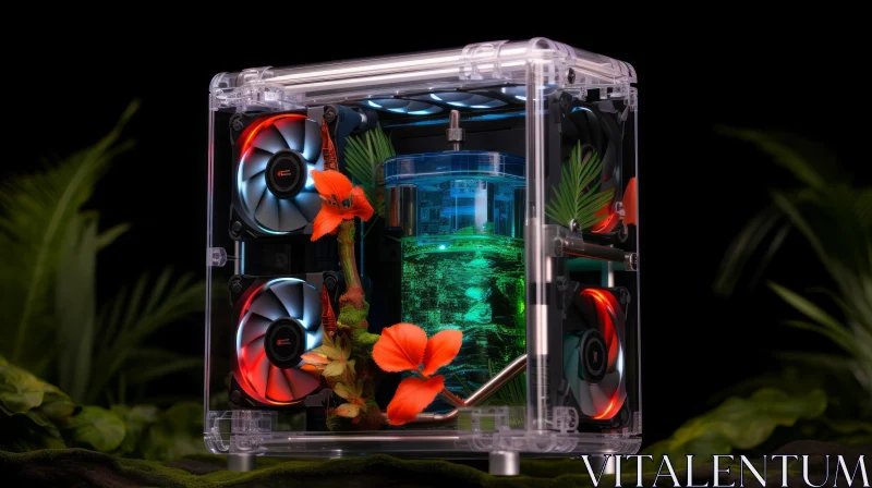 Transparent Computer Case with Tropical Plant and Lights AI Image