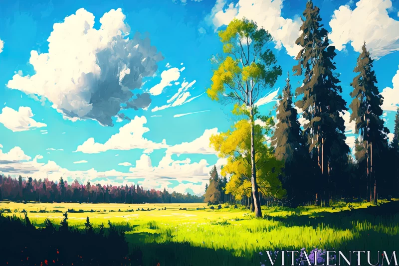 Vibrant Watercolor Painting of a Blooming Field with Trees AI Image