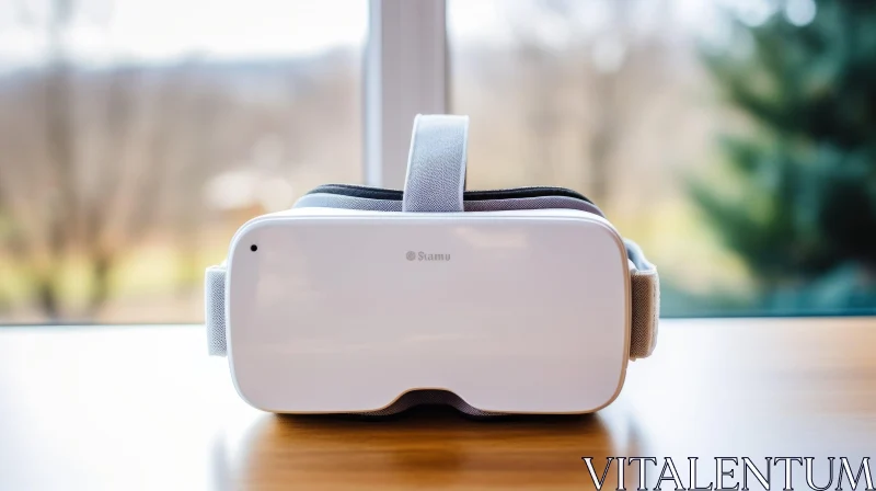 White Virtual Reality Headset on Wooden Table AI Image