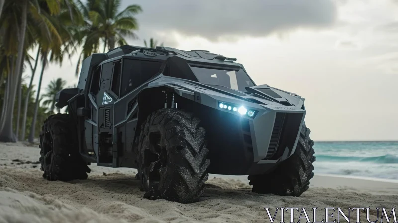 Black Futuristic Off-Road Vehicle on Beach AI Image