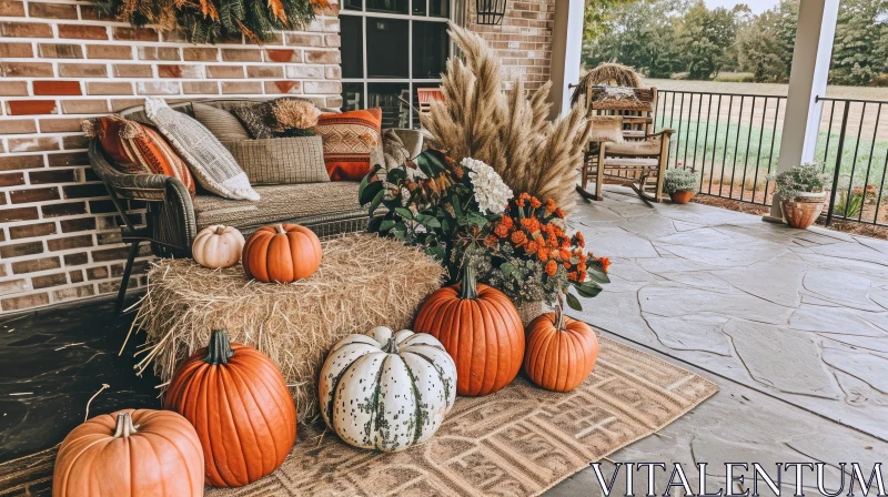 Cozy Autumn Porch Decorated with Pumpkins and Hay Bales AI Image