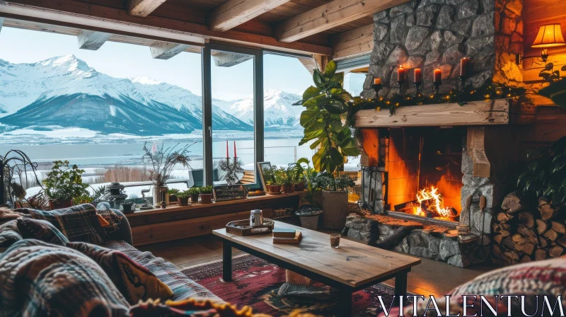 Cozy Living Room with Fireplace and Snow-Capped Mountain View AI Image