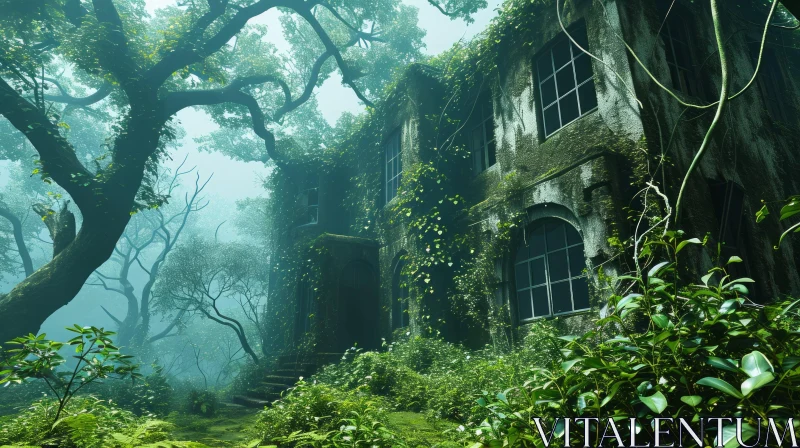 Enigmatic Digital Painting of a Ruined Mansion in a Forest AI Image