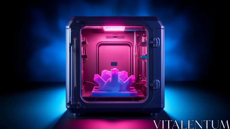Futuristic 3D Printer in Dimly Lit Room Printing Pink Object AI Image