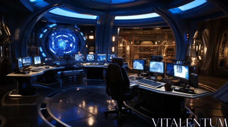 Futuristic Control Room with Blue and Green Lights AI Image