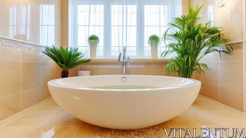 Luxurious Bathroom with Oval Bathtub in White Marble AI Image