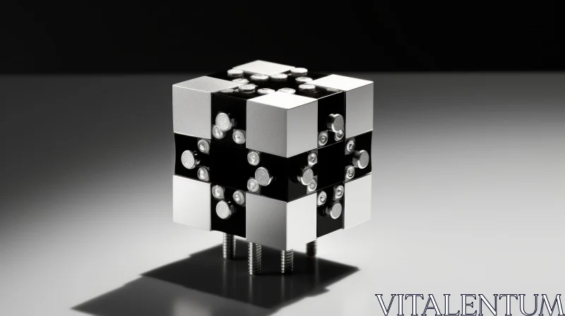 Metallic Cube 3D Rendering with Checkerboard Pattern AI Image