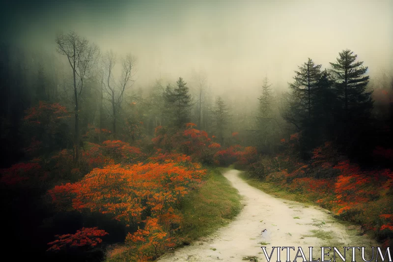 Misty Road Through a Enchanted Forest | Dark Orange and Emerald Landscape AI Image