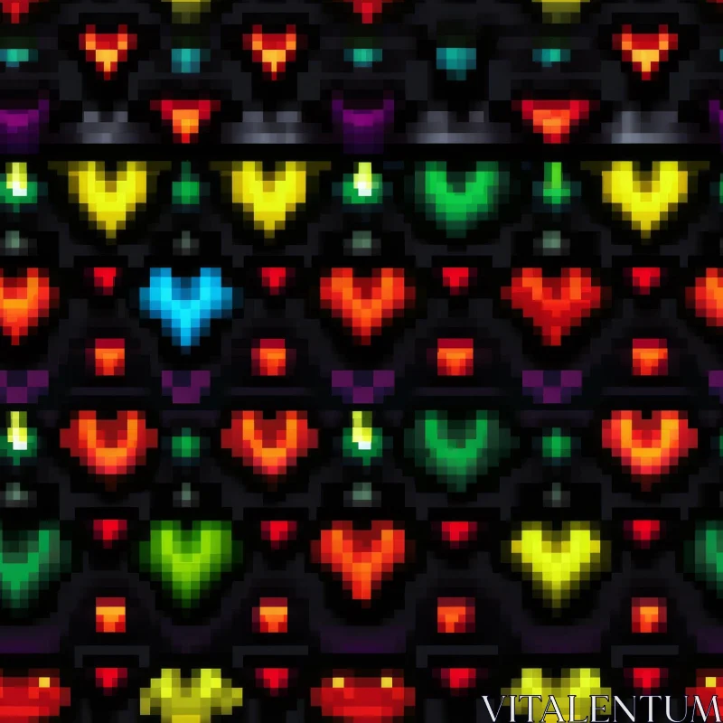 Pixel Hearts Seamless Pattern on Black Background AI Image