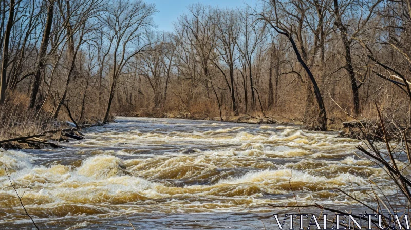 Serene Nature: Captivating River with Turbulent Water and Bare-Branched Trees AI Image