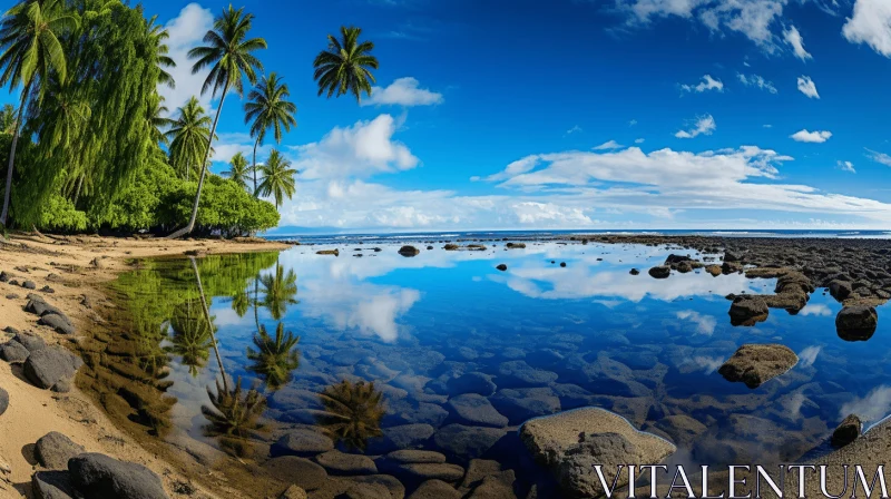 Sunny Palm Trees on the Shore and Rocks in the Water - Captivating Nature Scene AI Image