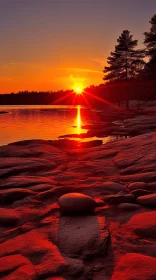 Captivating Sunrise Over Rocky Shore | Dark Red and Orange Hues
