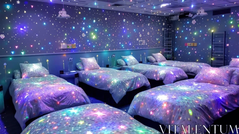 AI ART Colorful Stars and Snowflakes - Dreamy Room with Six Beds