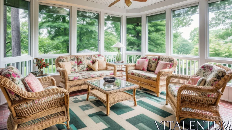 AI ART Cozy Sunroom with Wicker Furniture and Green Patterned Rug