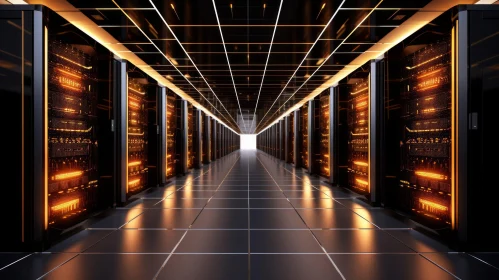 Dark Tech Corridor with Server Racks and Bright Lights
