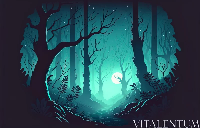 Eerie Rain Forest Illustration: Dark Turquoise and Silver Forest Art AI Image