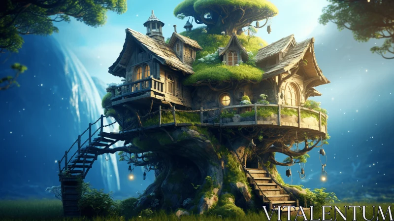 Enchanting Tree House in a Mystical Forest AI Image