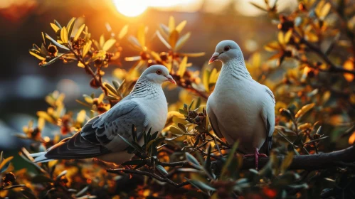 Majestic Pigeons on a Tree Branch in a Forest with Sunset
