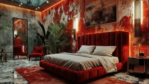 Modern Bedroom with Red Velvet Bed and Abstract Painting