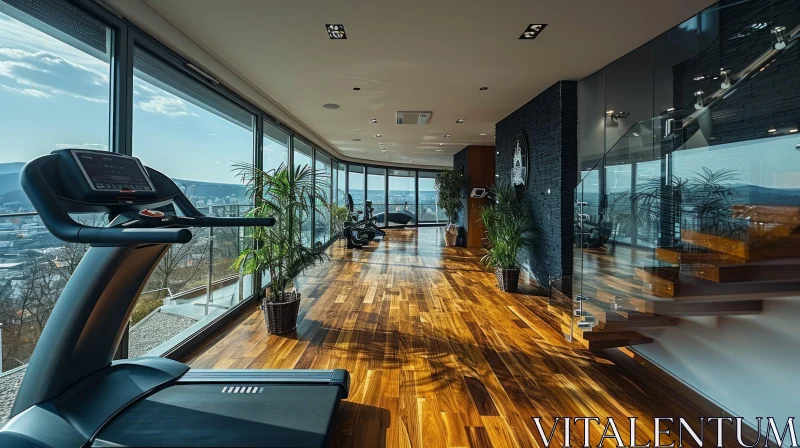 Modern Home Gym with City View in Luxury Apartment Building AI Image