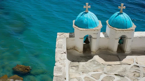 Serene Whitewashed Church with Blue Domes on Rocky Shore