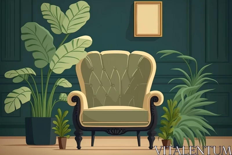 Vintage Interior: Old Chair with Detailed Foliage in Cartoon Style AI Image