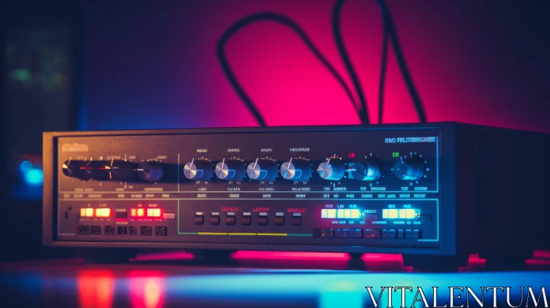 Vintage Synthesizer Close-up with Blue and Red Lights AI Image