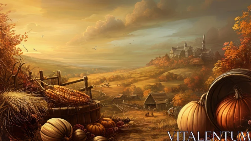 Captivating Autumn Landscape: Fields, Pumpkins, and a Charming Village AI Image