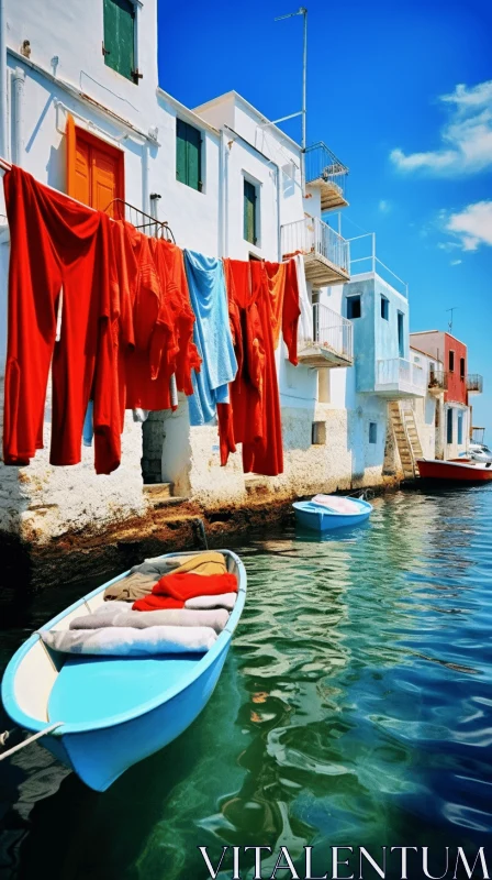 Captivating Greek Art and Architecture: Color-Blocked Boats on a Dock AI Image