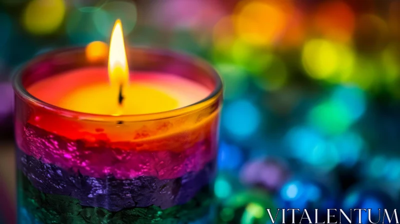 Close-Up of Burning Candle in Glass Holder surrounded by Colorful Glass Beads AI Image