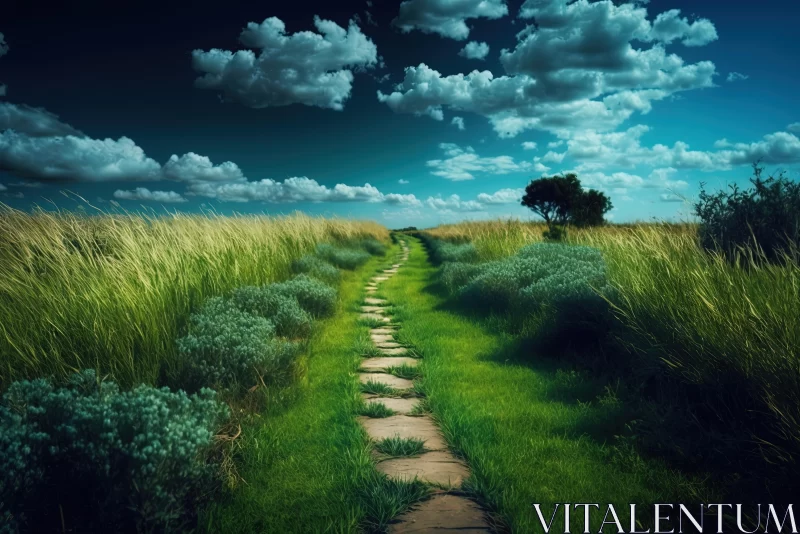 Enchanting Stone Path in a Green Field Leading to the Sky AI Image