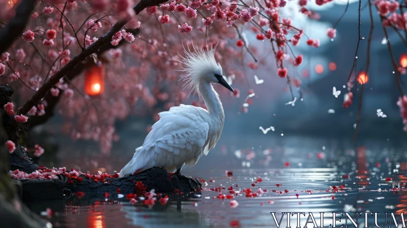 Serene Nature: Egret on a Rock in a Blossoming Lake AI Image