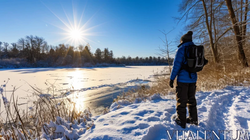Winter Landscape: Person Standing on Snow-Covered Lake AI Image