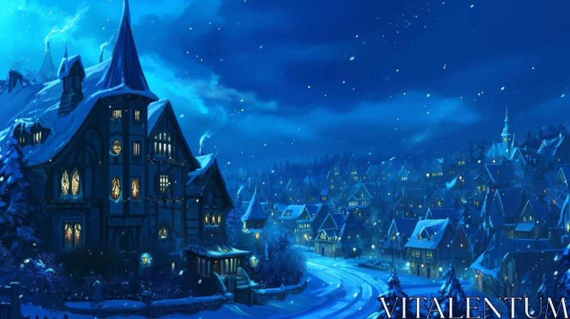 Winter Scene of a European Village Covered in Snow AI Image