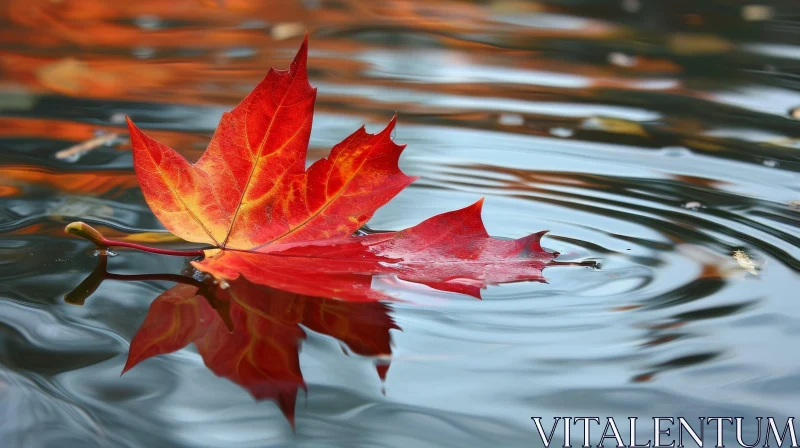 Enchanting Red Maple Leaf Floating on a Serene Lake AI Image