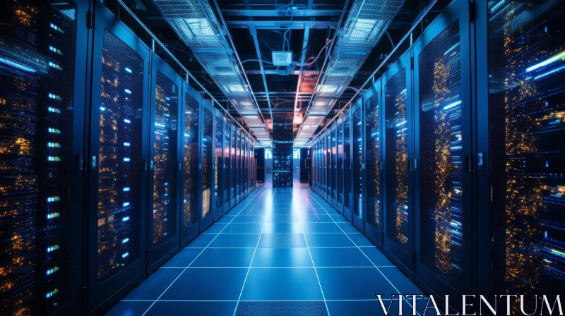 Futuristic Data Center with Server Racks and Blue & Orange Lights AI Image