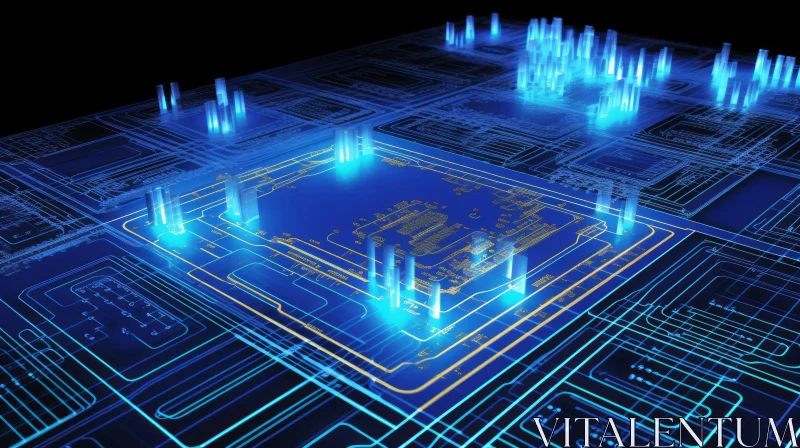 Intricate 3D Circuit Board Rendering with Glowing Blue and Yellow Details AI Image