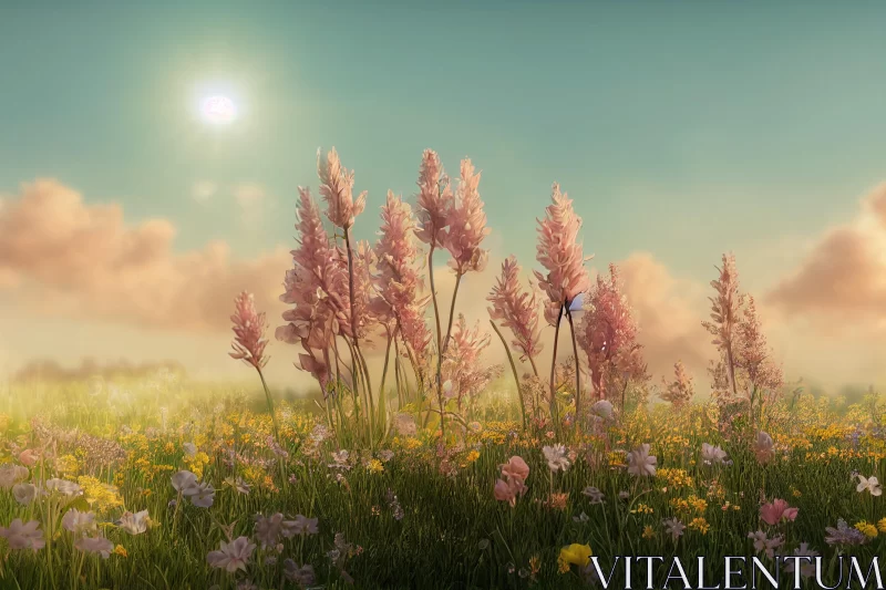 Pink Blooming Flowers in Sunlight - Ethereal Field AI Image