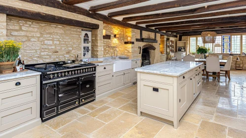 Rustic Kitchen with Exposed Stone Walls and Wooden Beams