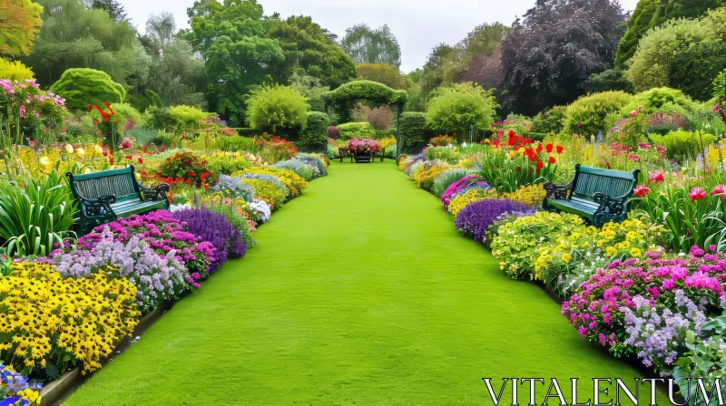 Serene Garden with Lush Green Lawn and Colorful Flower Beds AI Image