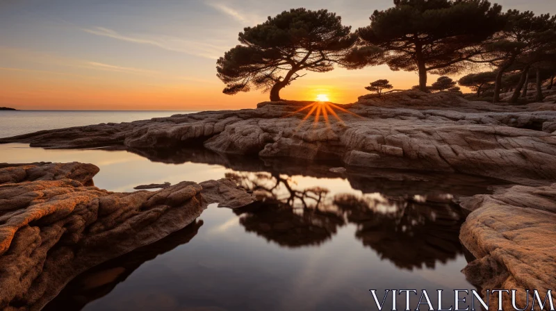 Serene Sunset over the Sea with Reflecting Trees and Rocky Shores AI Image