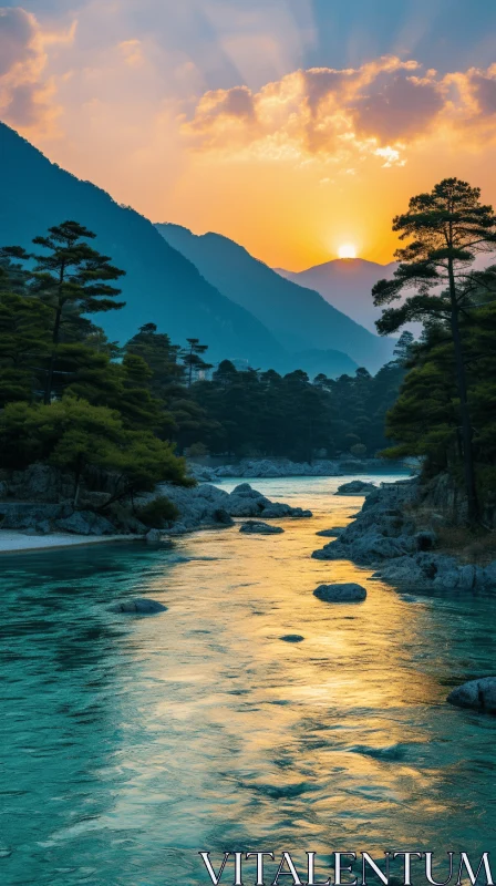 Sunset over Hills and River: A Captivating Japanese-Inspired Nature Photo AI Image